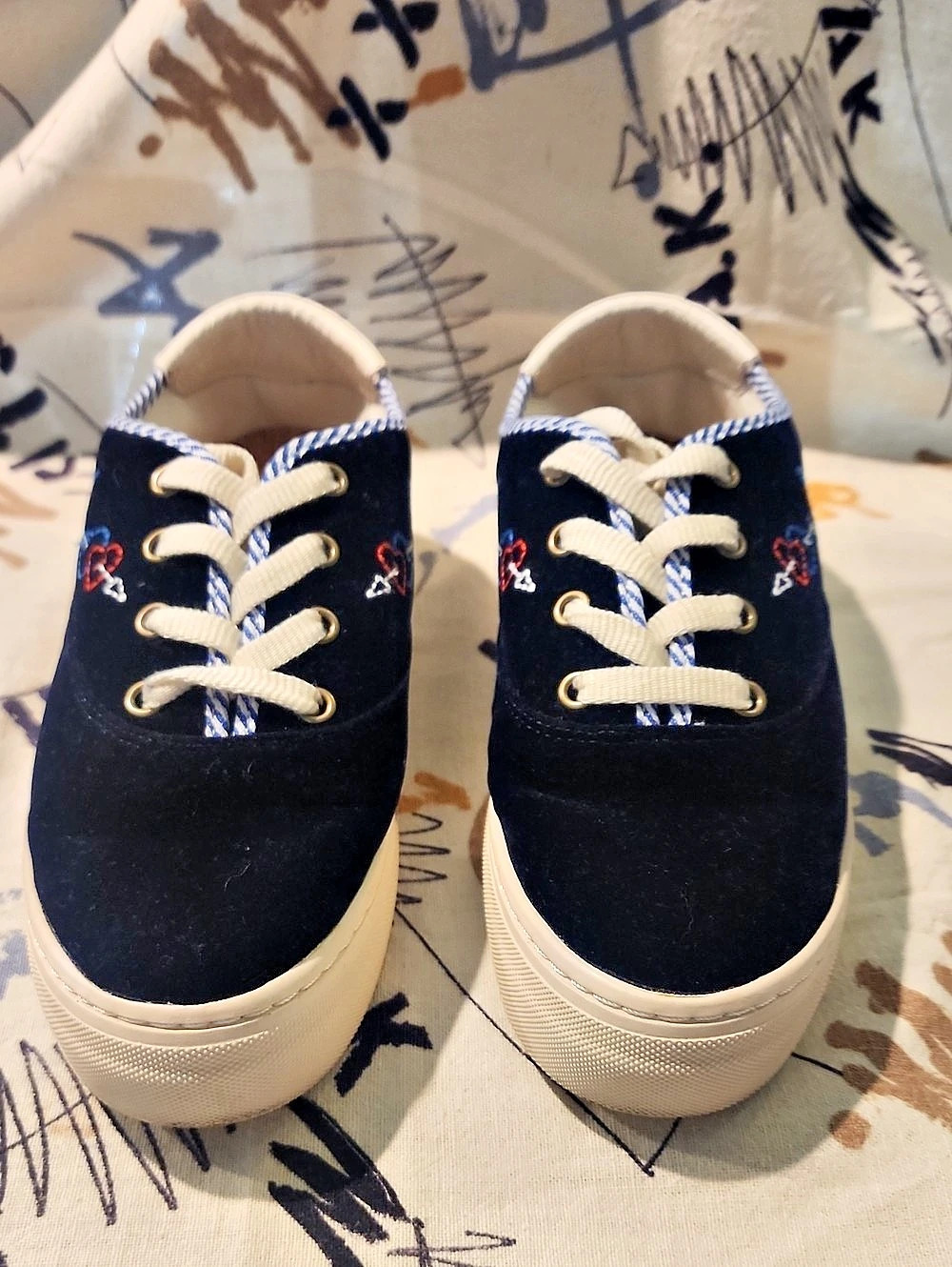 Soludos Paris Platform Sneaker Embroidered Sneakers in Blue & White